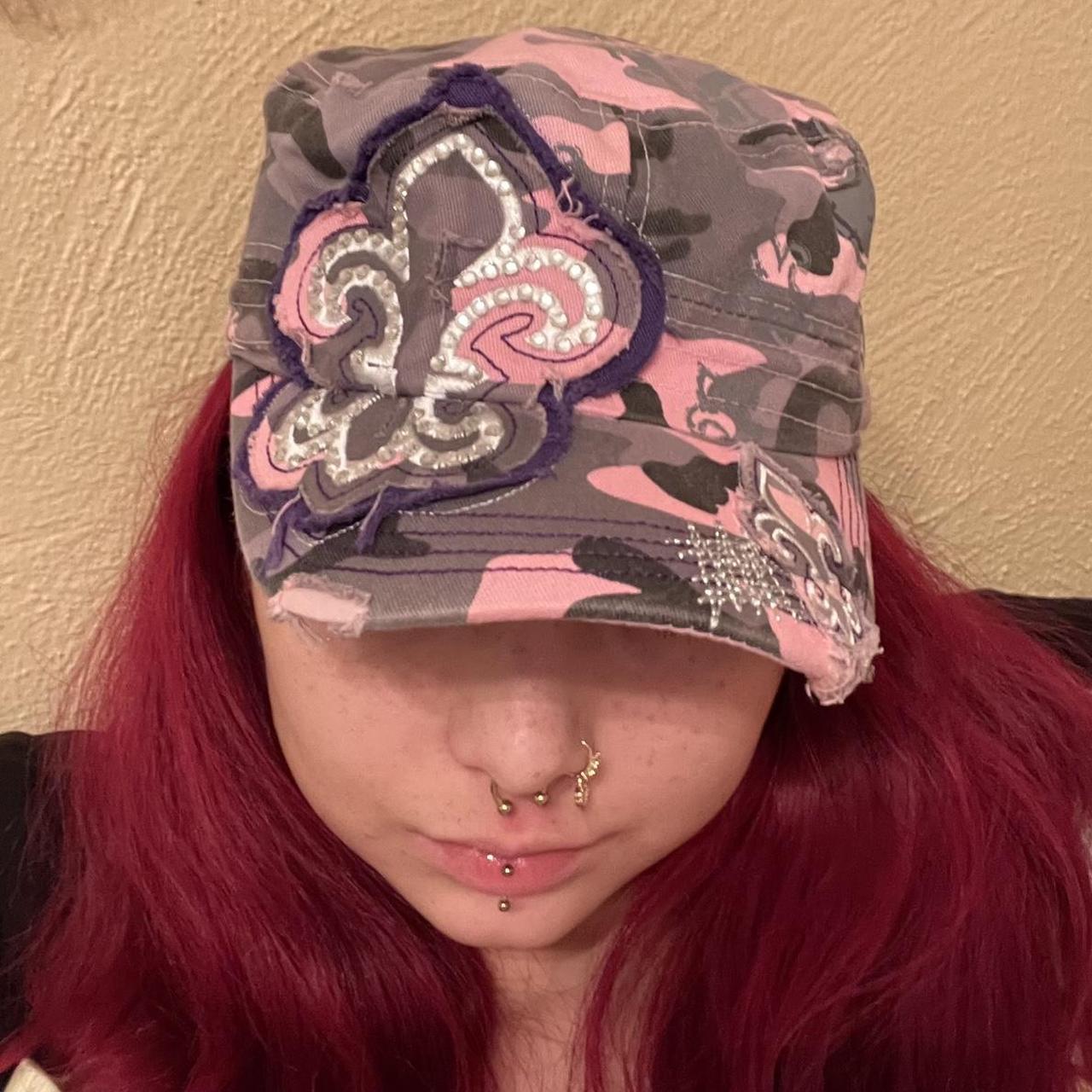 Shiny and Pink Camo Hat with Rhinestones y2k camo... Depop