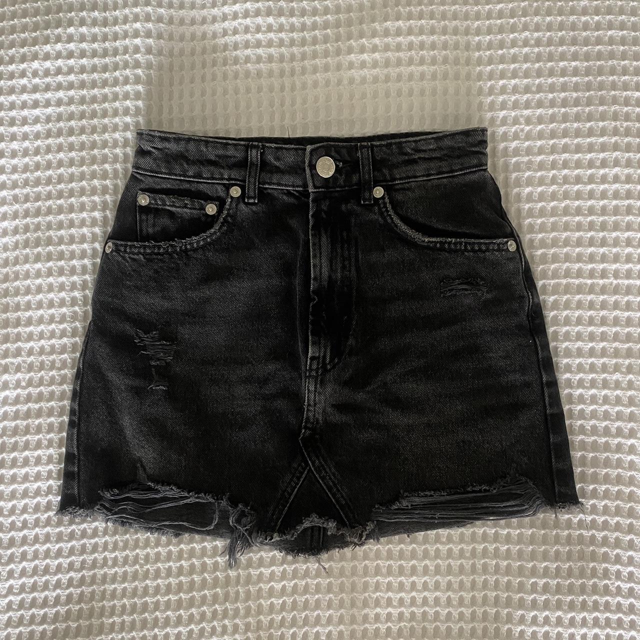 ZARA black denim jean skirt XS S distressed ends