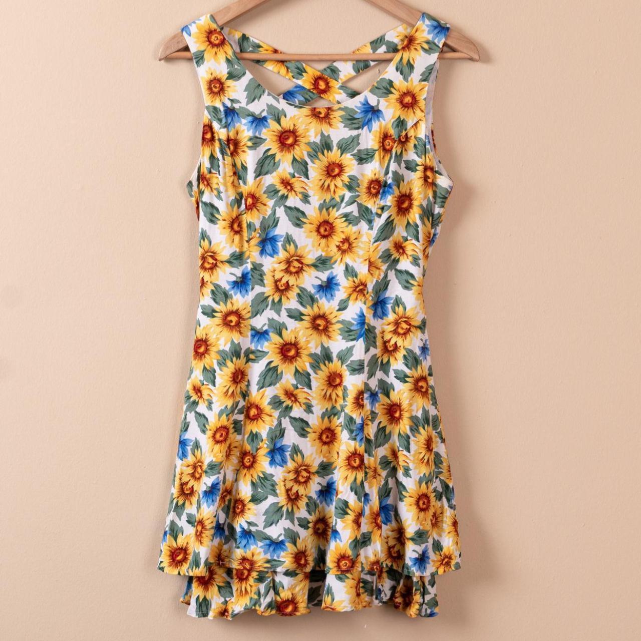 90s Sunflower Skater Mini Dress by All Depop