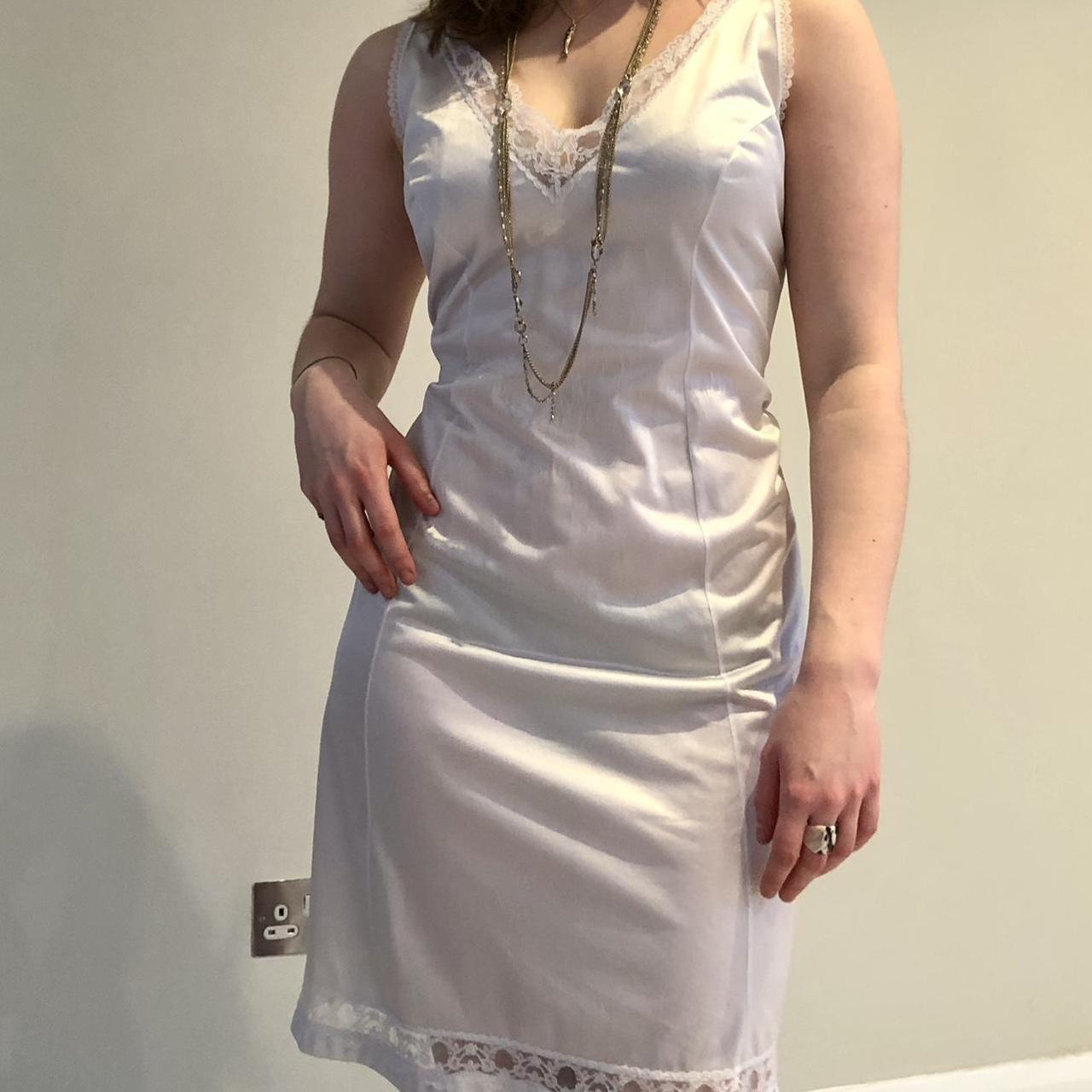 vintage white flowy slip dress with lace decal and... - Depop