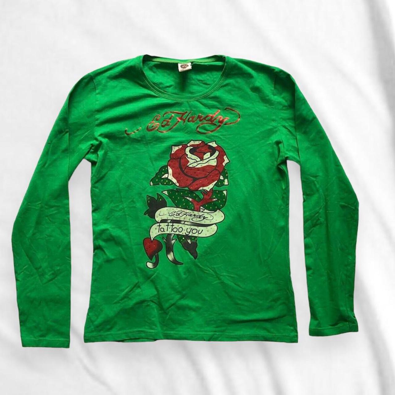 Ed Hardy long sleeve blouse in green with rose... - Depop