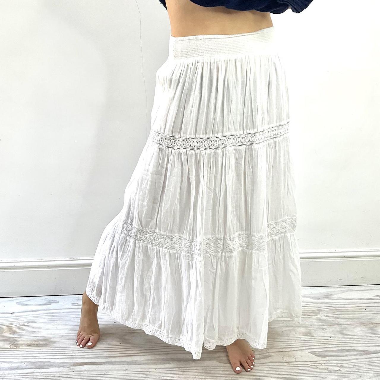 Vintage White tiered maxi skirt Elasticated waist... - Depop