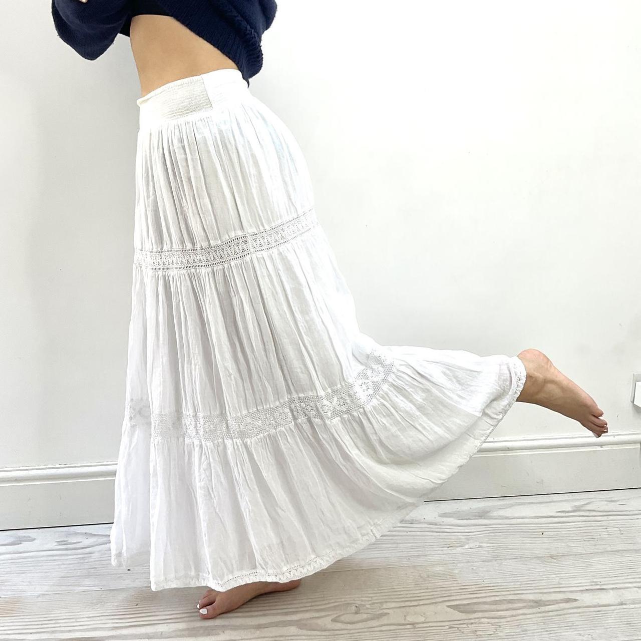 Vintage White tiered maxi skirt Elasticated waist... - Depop