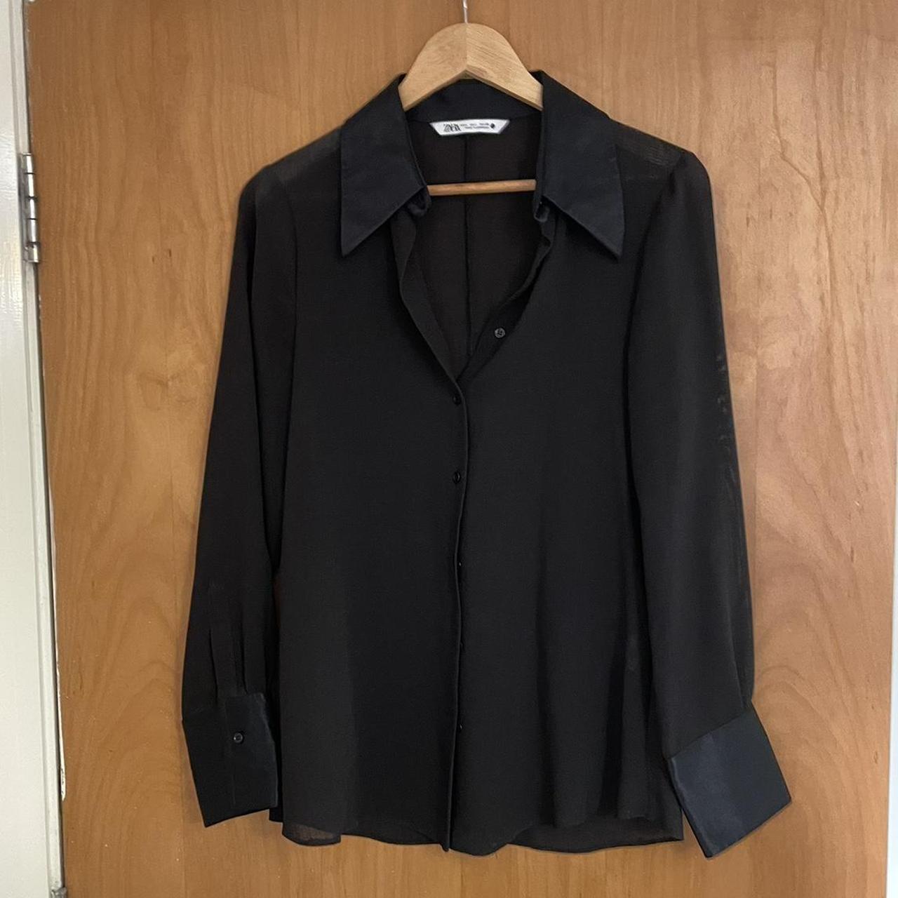 Zara black shirt. Semi sheer with firm satin cuffs... - Depop