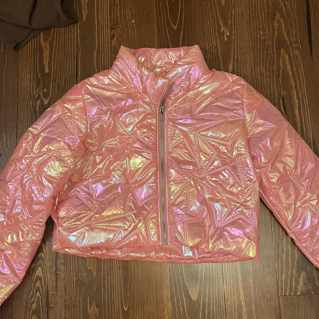 pink holographic winter puffer coat never. Depop