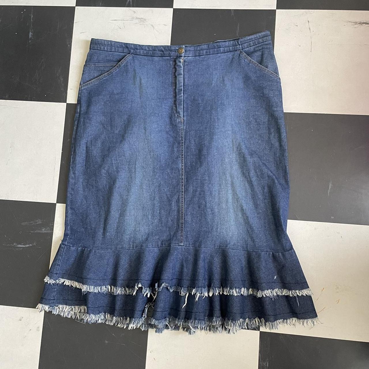 Vintage Y2K Fringed Denim Skirt. Tagged a 22 and... - Depop