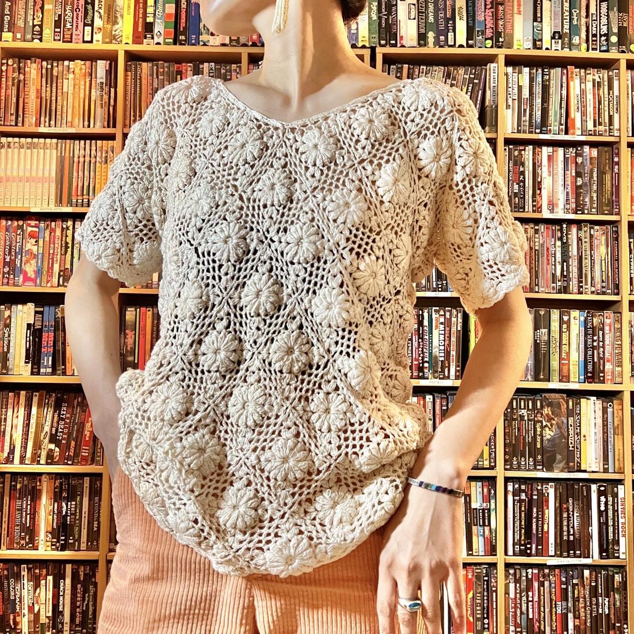 Vintage Handmade Crochet Summer Knit Sweater Size... - Depop