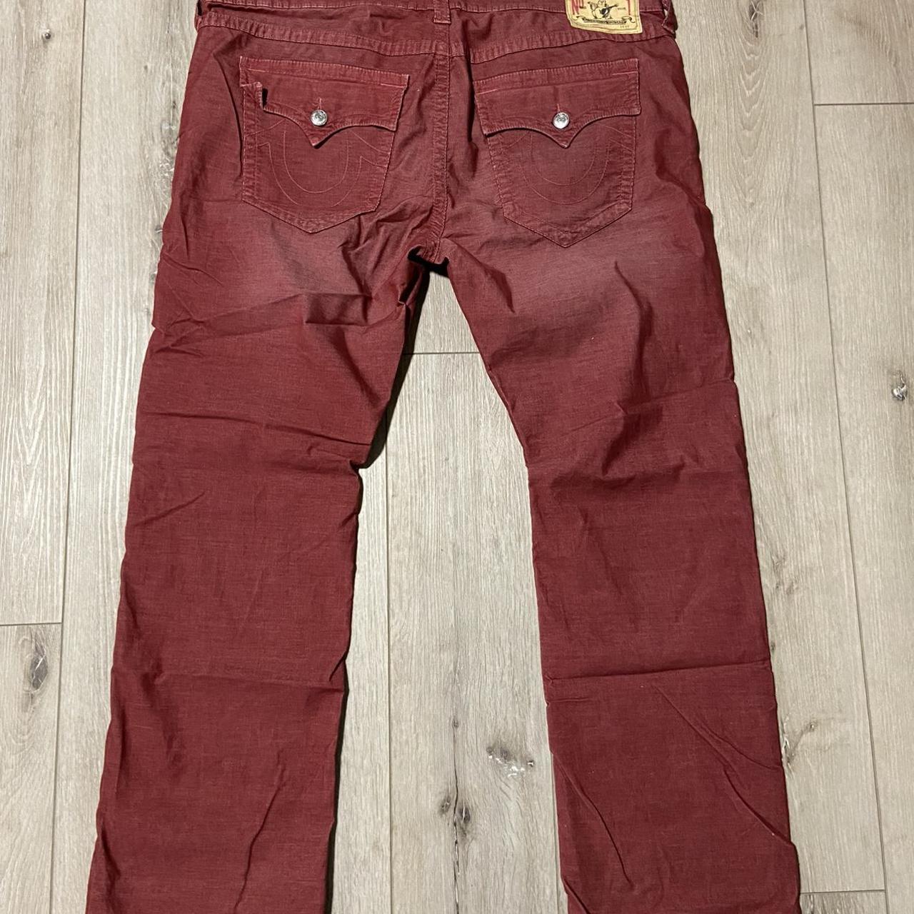 RED CORDUROY TRUE RELIGION JEANS SIZE 42 FIT... - Depop