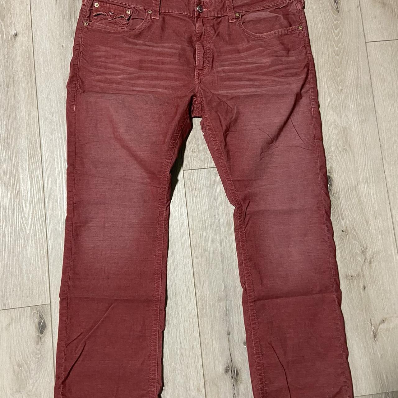 RED CORDUROY TRUE RELIGION JEANS SIZE 42 FIT... - Depop