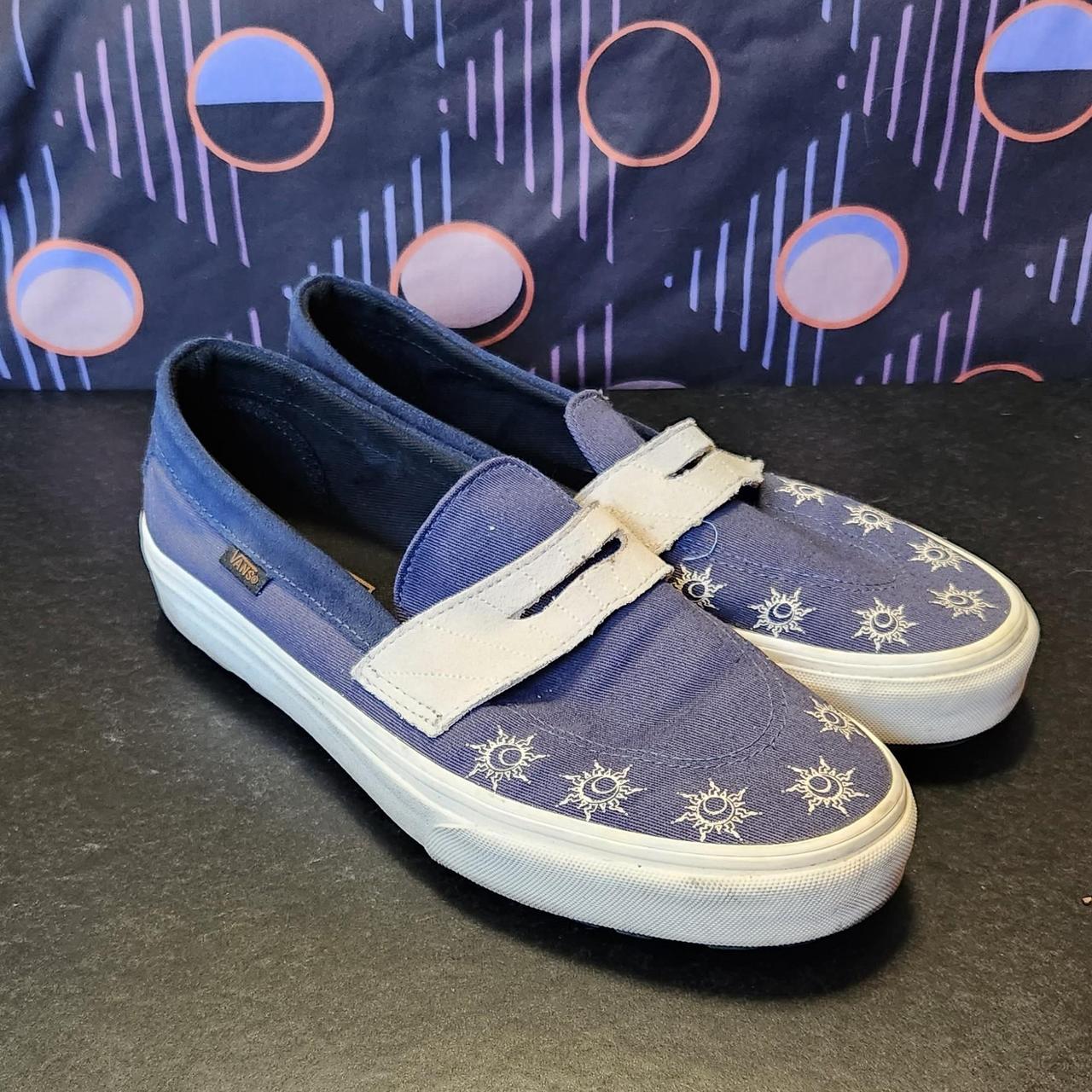 Vans blue and cream loafers with sun and eye motifs... - Depop