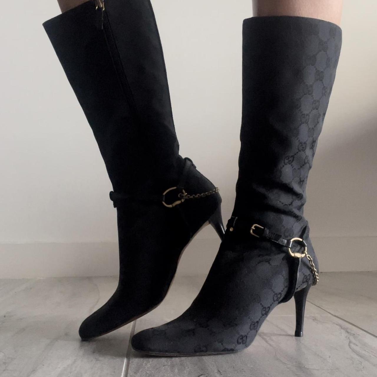 Gucci Women's Black and Gold Boots Depop