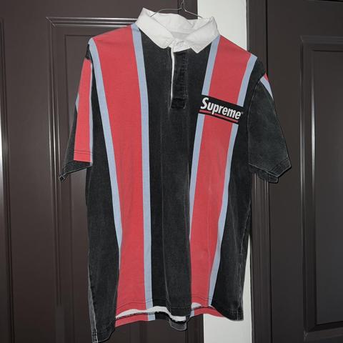 Supreme Stripe S/S Rugby Black T-Shirt - Depop