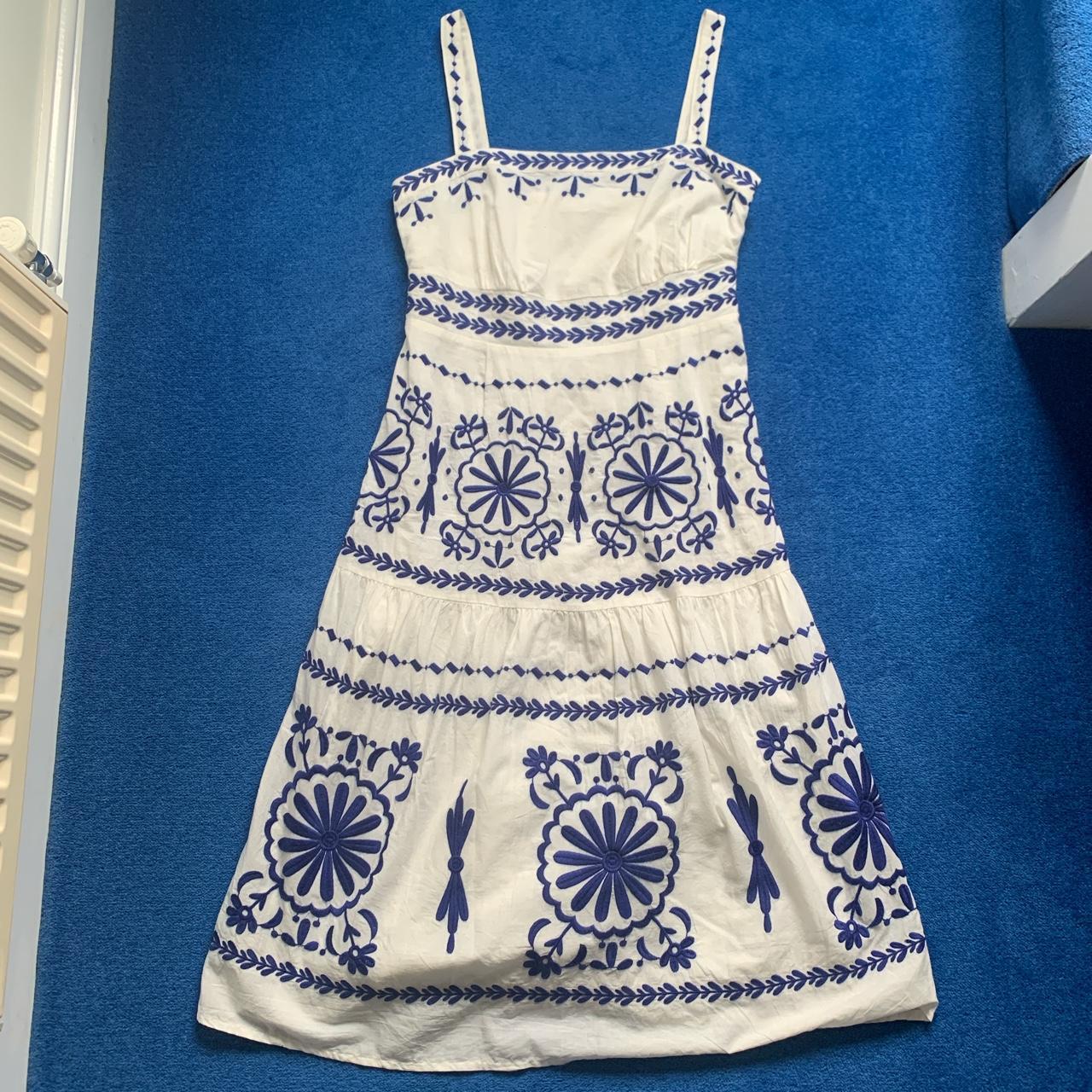 Monsoon white cotton midaxi dress with blue... Depop