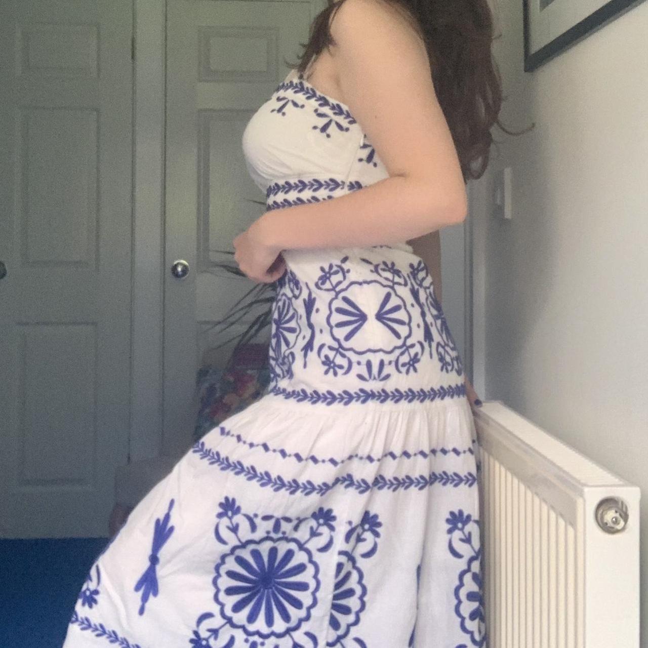 Monsoon white cotton midaxi dress with blue... Depop