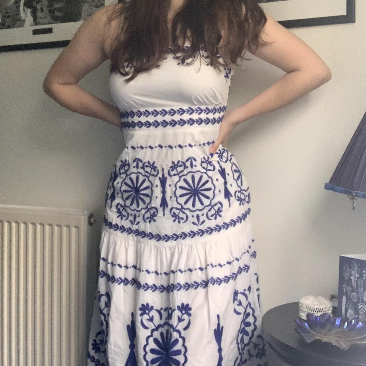 Monsoon white cotton midaxi dress with blue... Depop