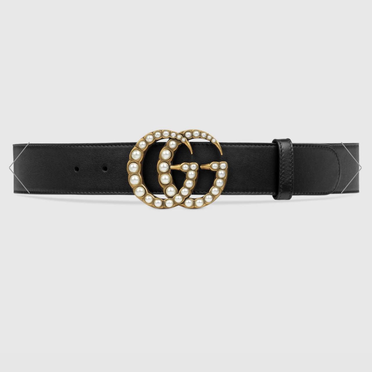 Black Leather Belt With Pearl Double G Buckle