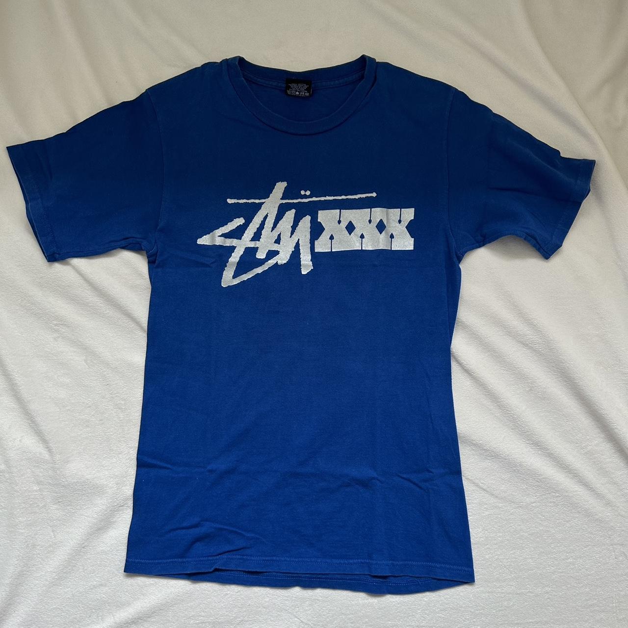 Vintage Stussy T-Shirt Blue with print to front ,... - Depop