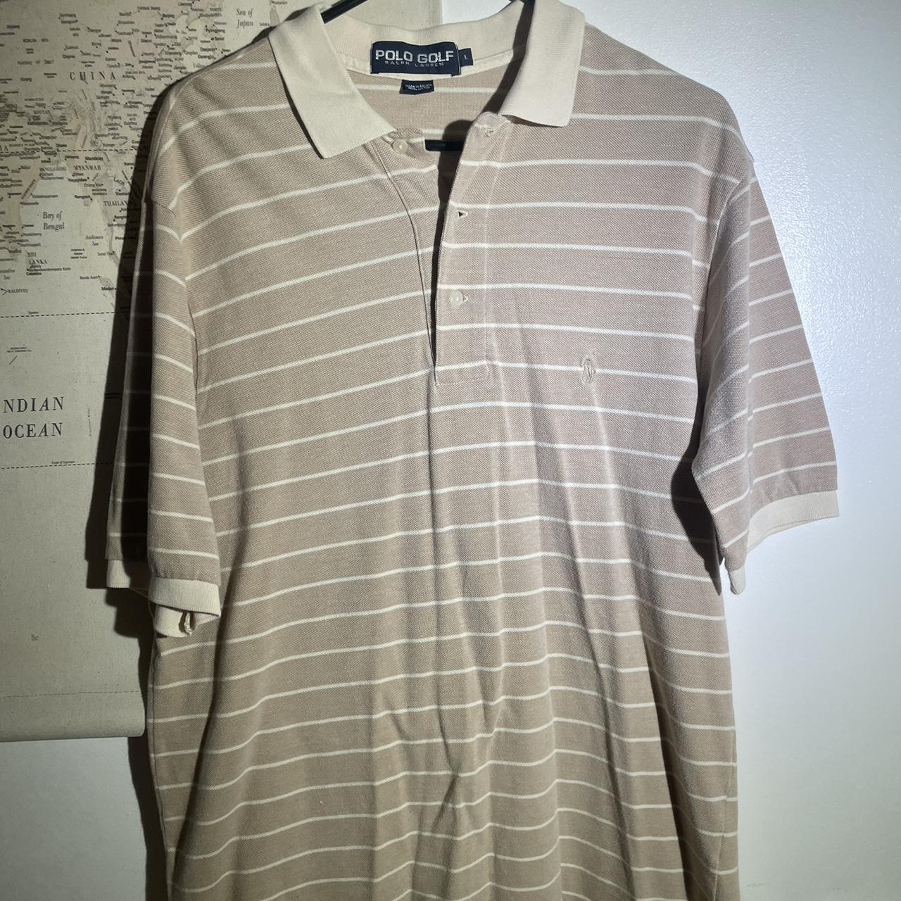 Men’s Large vintage stripe style Polo Tan, crème... - Depop