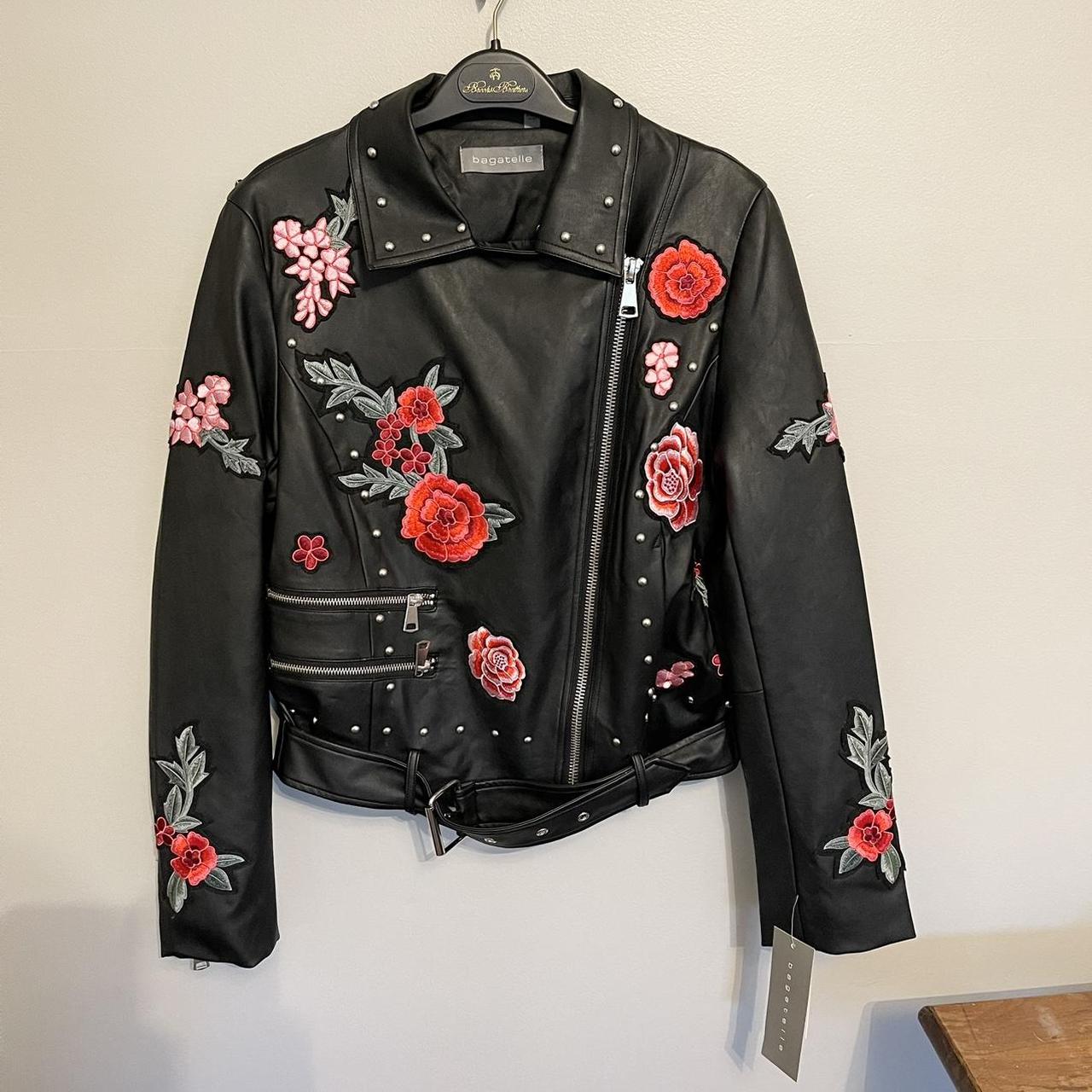 Black Vegan Leather Jacket with Rose Flower Embroidery Size Small
