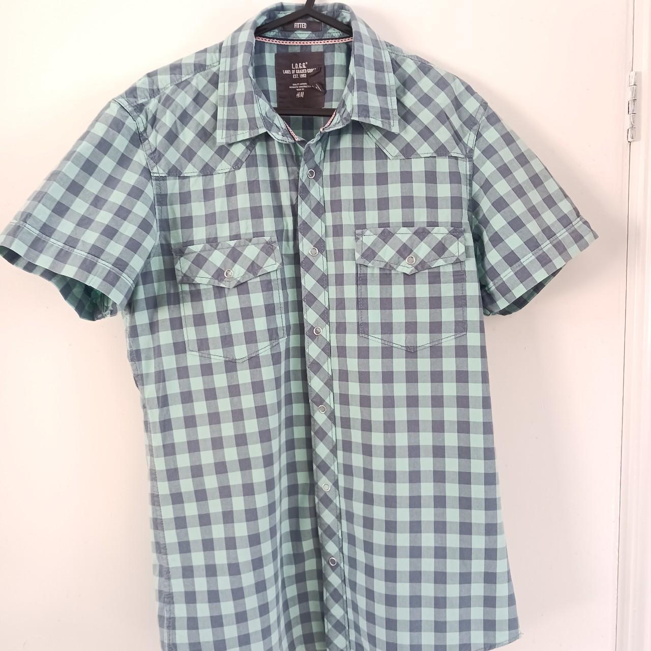 H&M Blue and White check button down shirt, with... - Depop