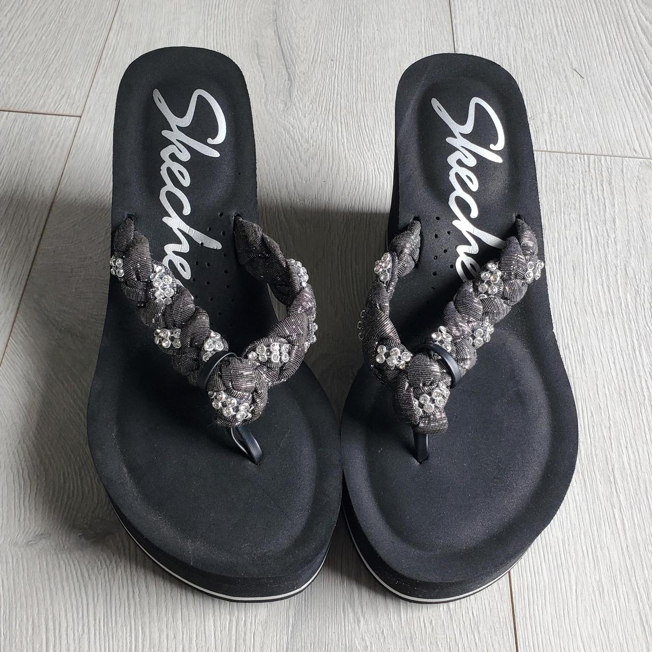 Black Silver Wedge Flip Flops By