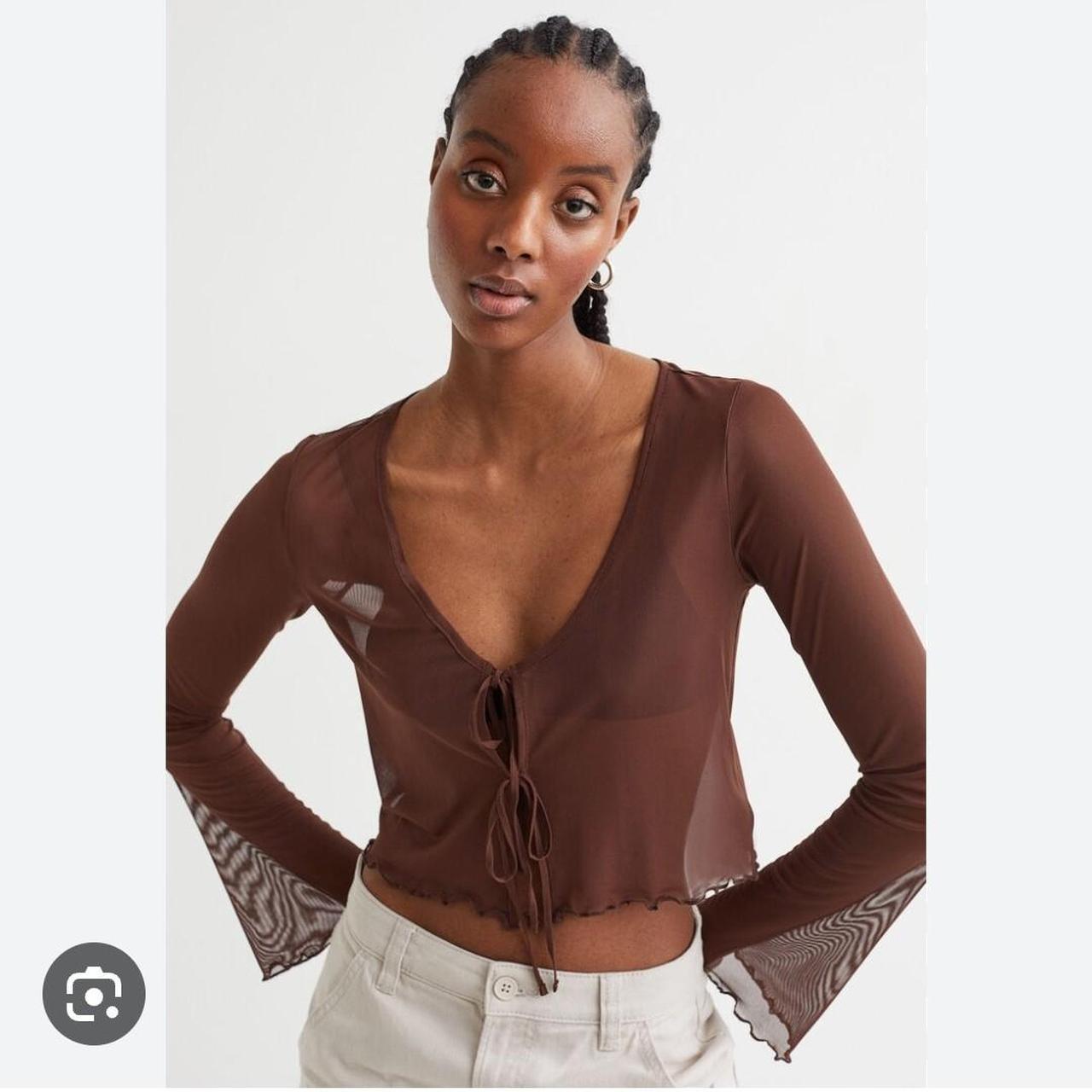 H&M divided brown sheer mesh tie up long sleeve... Depop
