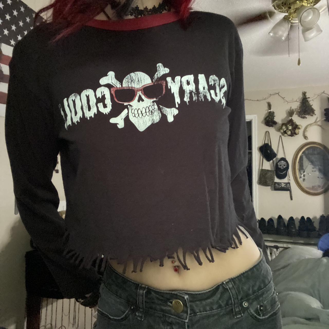 “scary cool” kids skull longsleeve crop top w/... - Depop