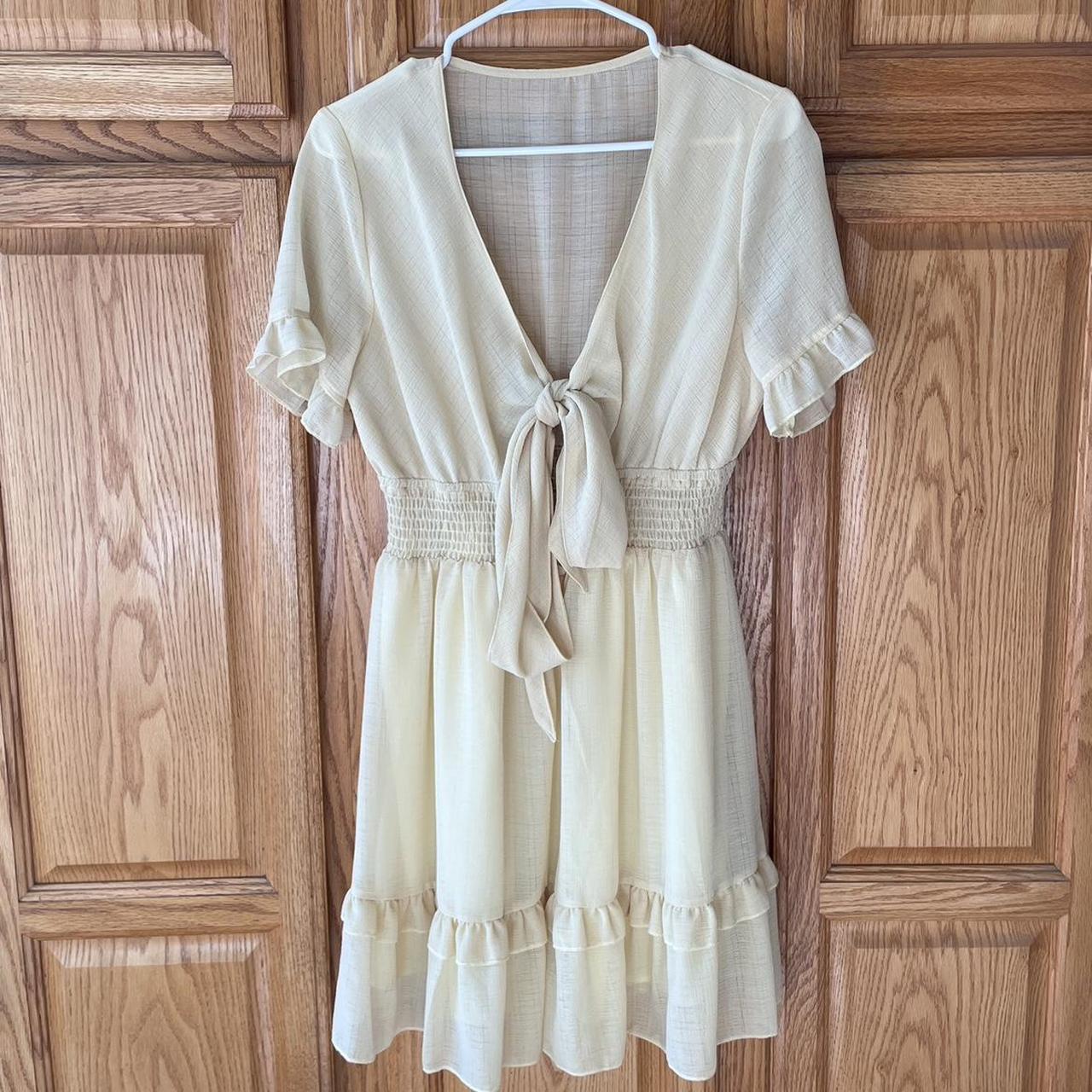 Cider Women's Yellow and Cream Dress Depop