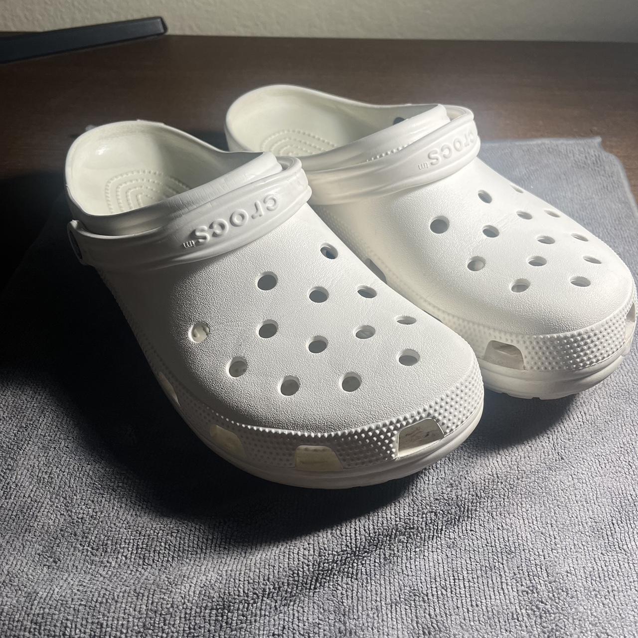 Crocs Men's White and Black Slippers | Depop