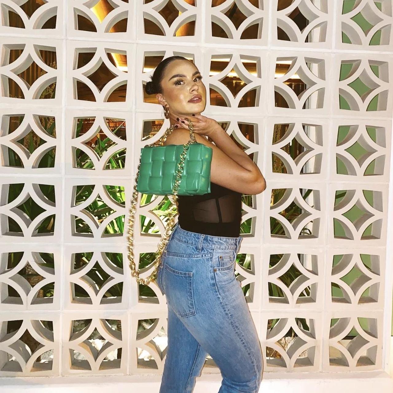 green bag with gold chains crossbody brand... Depop