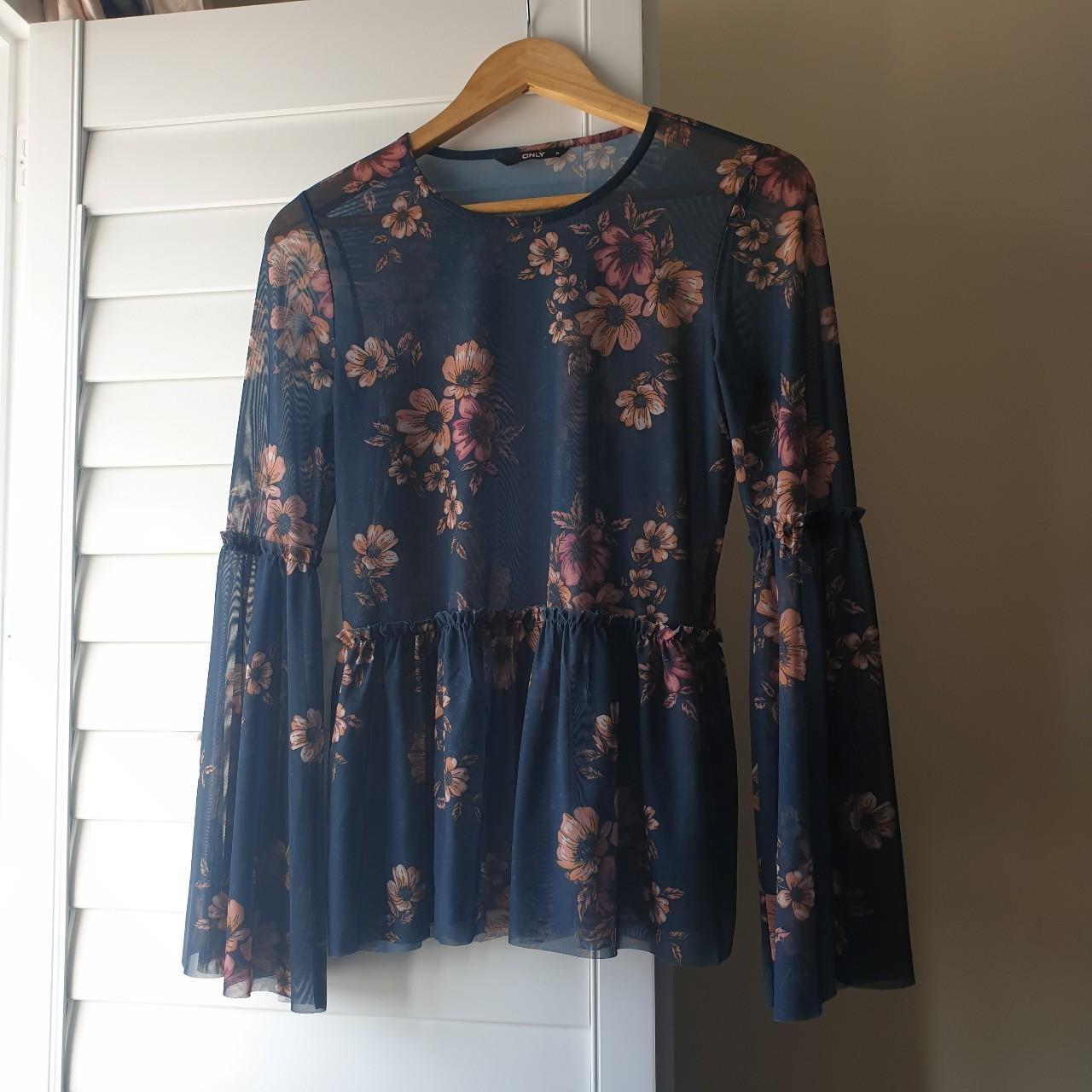 Navy floral mesh top w/ bell sleeves - condition:... - Depop