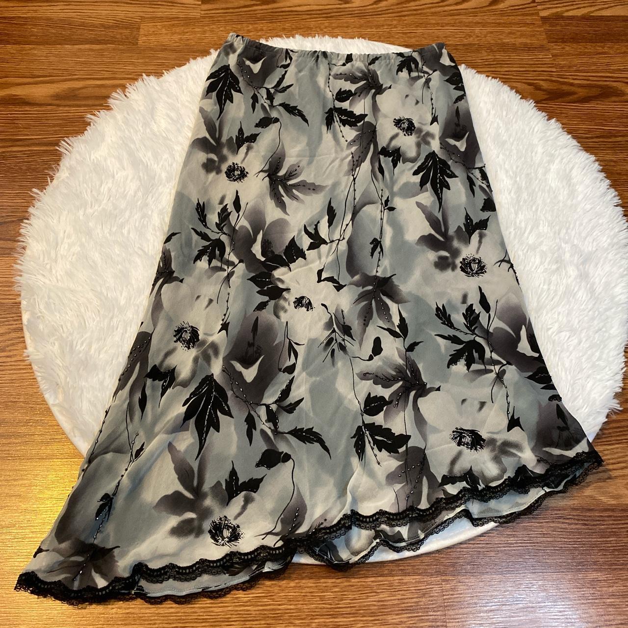 Asymmetric lace hemline Black and grey floral print Depop