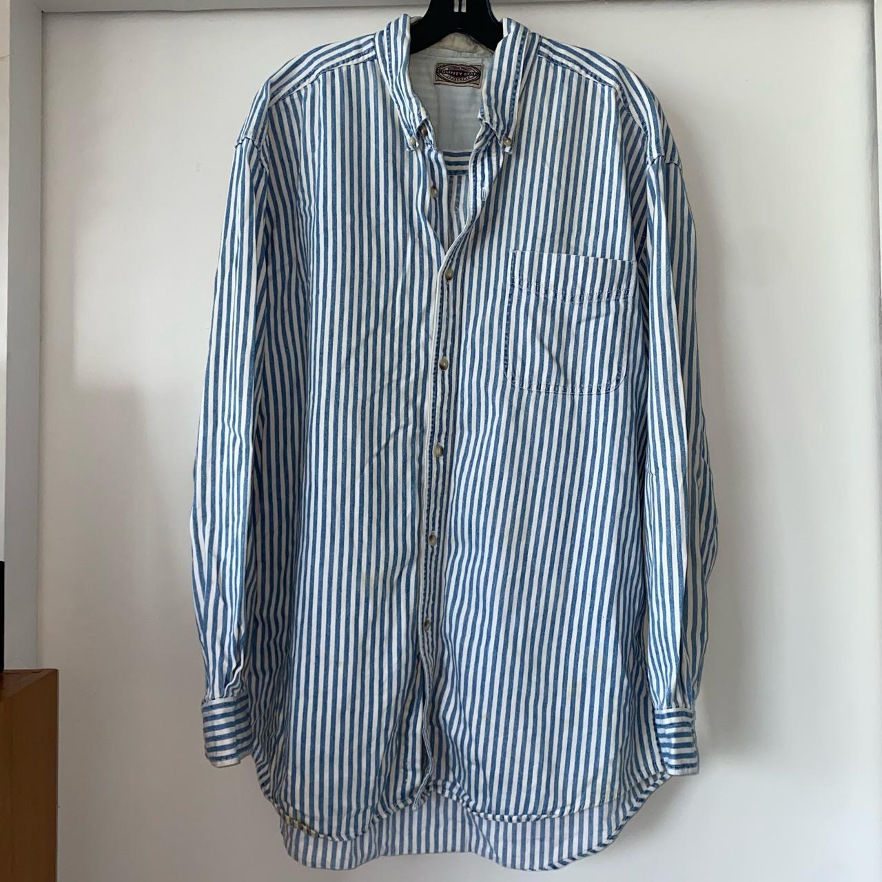 vintage men’s striped denim shirt 🌀 -oversized fit... - Depop