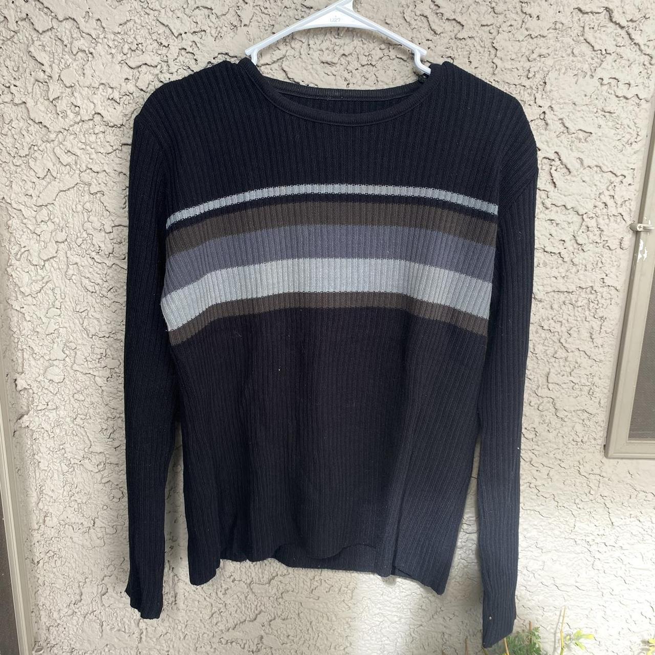 American Eagle Navy Blue Striped Crewneck... - Depop