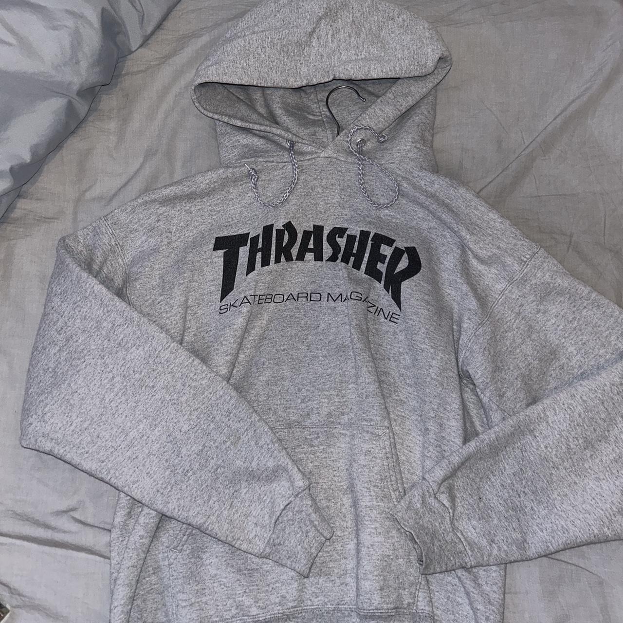 grey thrasher hoodie - Depop