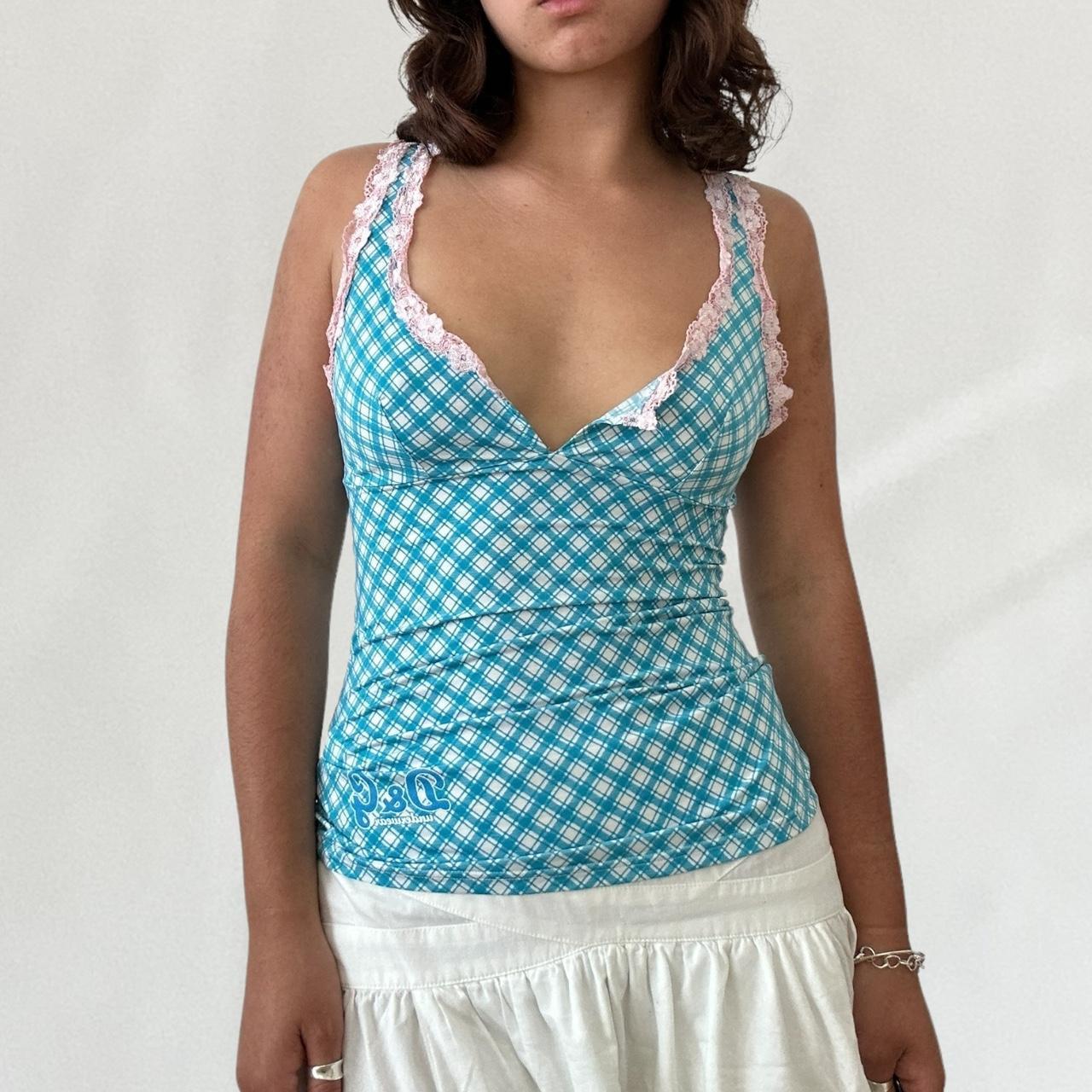 Blue Dolce And Gabbana Gingham Cami Top With Pink Lace Depop