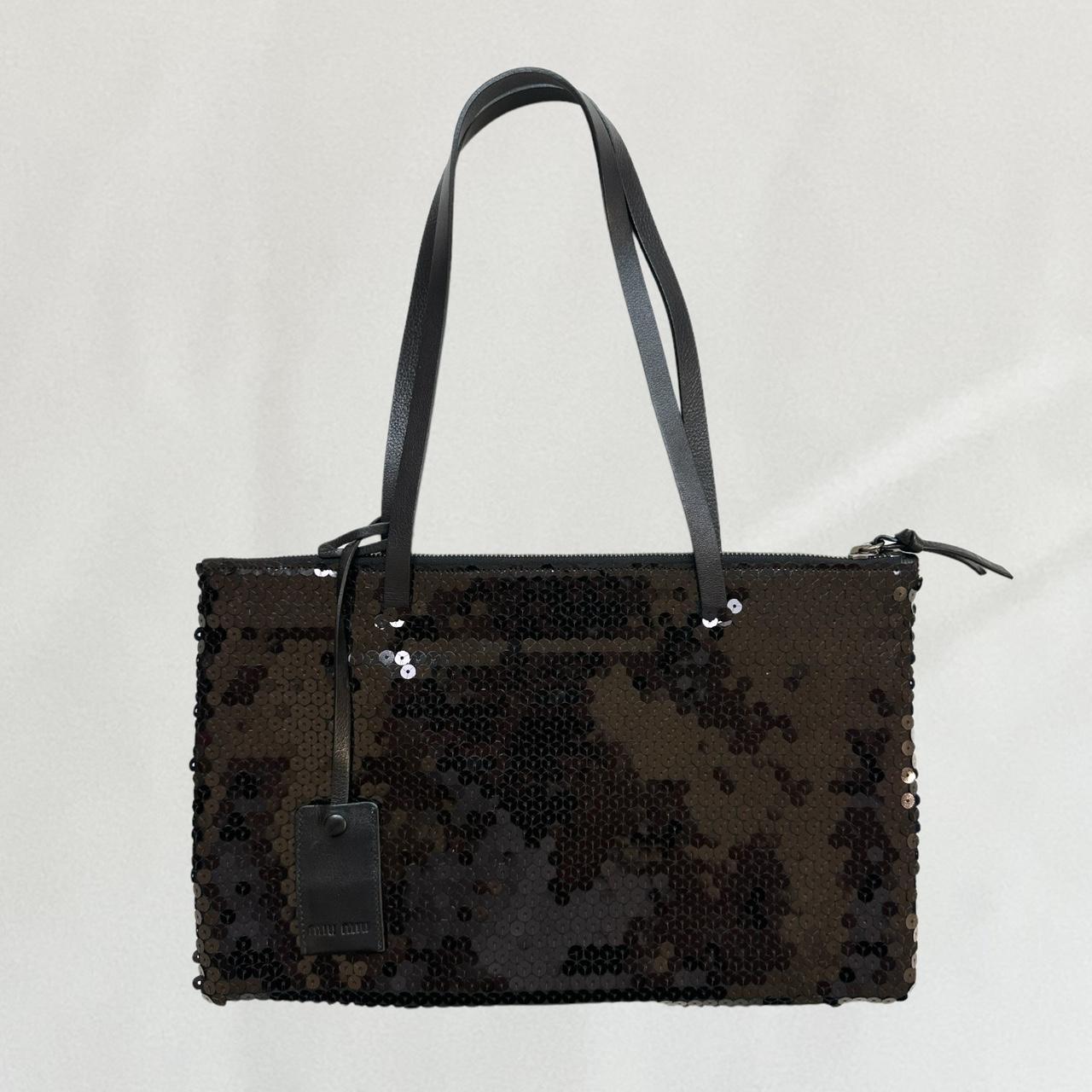 ●MiuMiu● Women's Mini Sequin Tote Bag Black 5BA2202F3OF000 Miu Miu Black Zip Paillette Sequin Shopping Bag | Yoogi's Closet