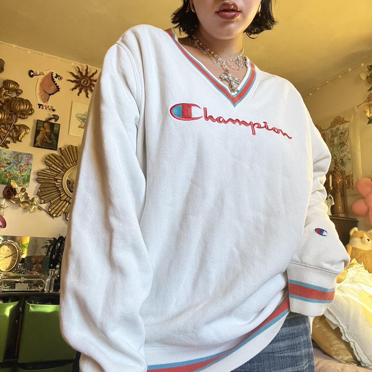 Champion white v 2025 neck sweatshirt