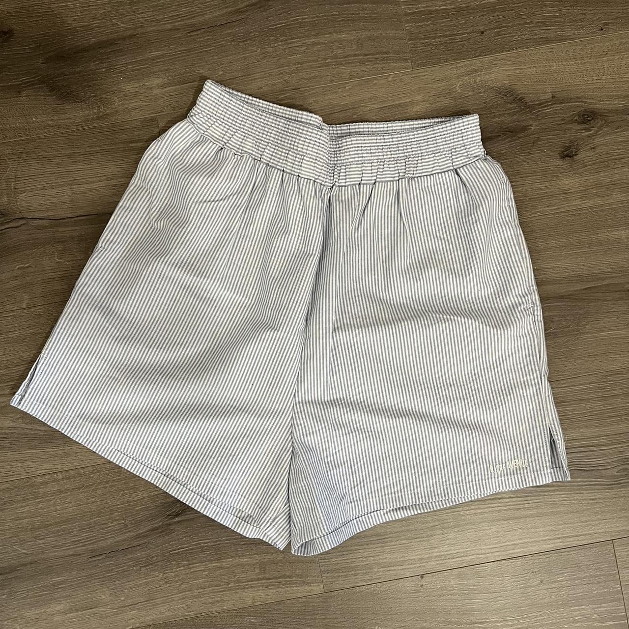 Djerf Avenue Women's Blue and White Shorts | Depop