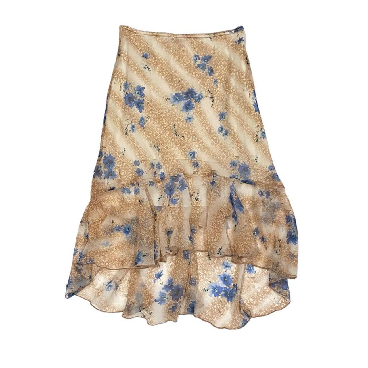 vintage blue & brown cottagecore floral midi skirt... - Depop