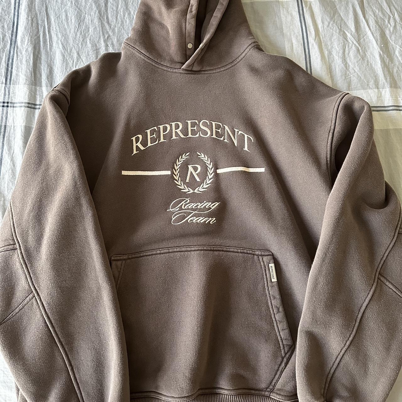 Represent Men's Burgundy and Cream Hoodie Depop