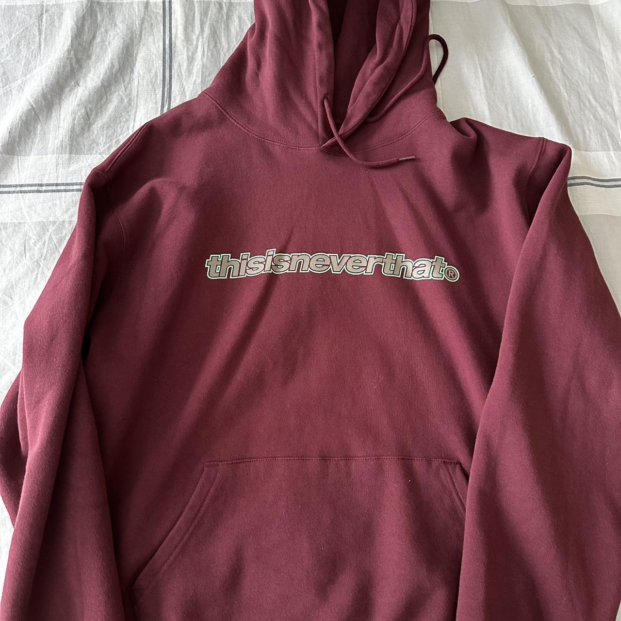 thisisneverthat burgundy logo hoodie size:... - Depop