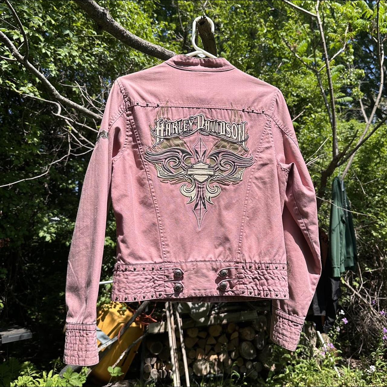 Harley Davidson Women's Pink and Cream Jacket Depop