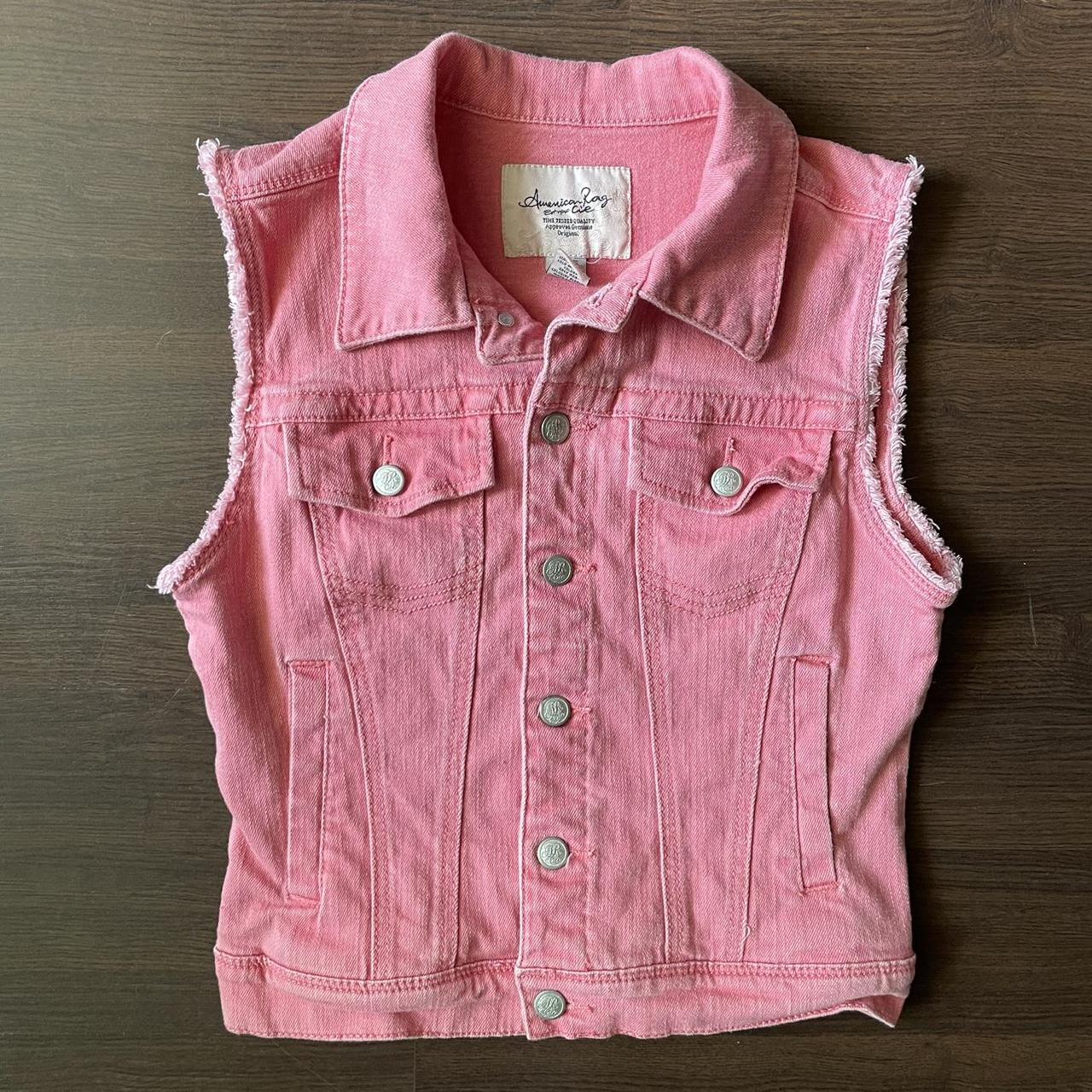 Pink denim vest jacket Size M. Label American rag... Depop