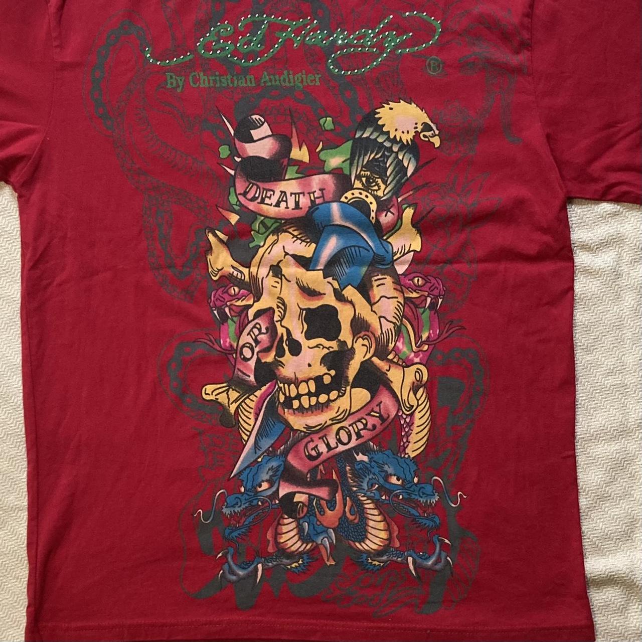 Y2K Ed Hardy shirt! Red shirt with double sided... - Depop