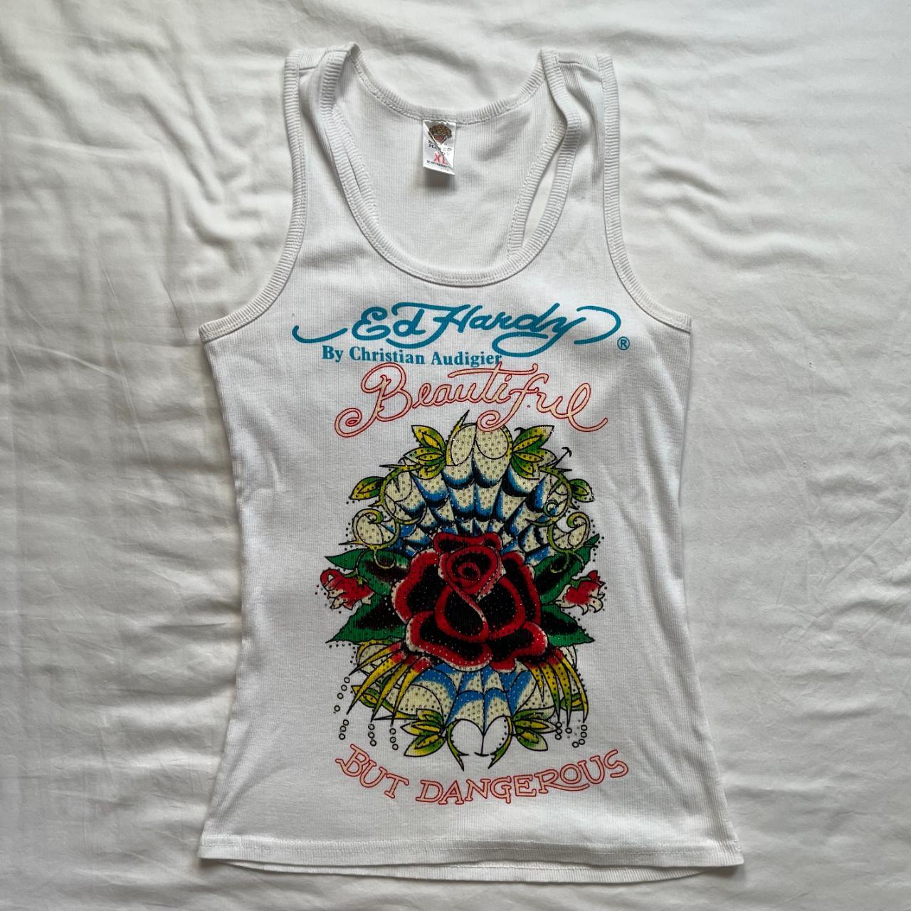 Bedazzled White EdHardy Tank Top Vintage white... Depop