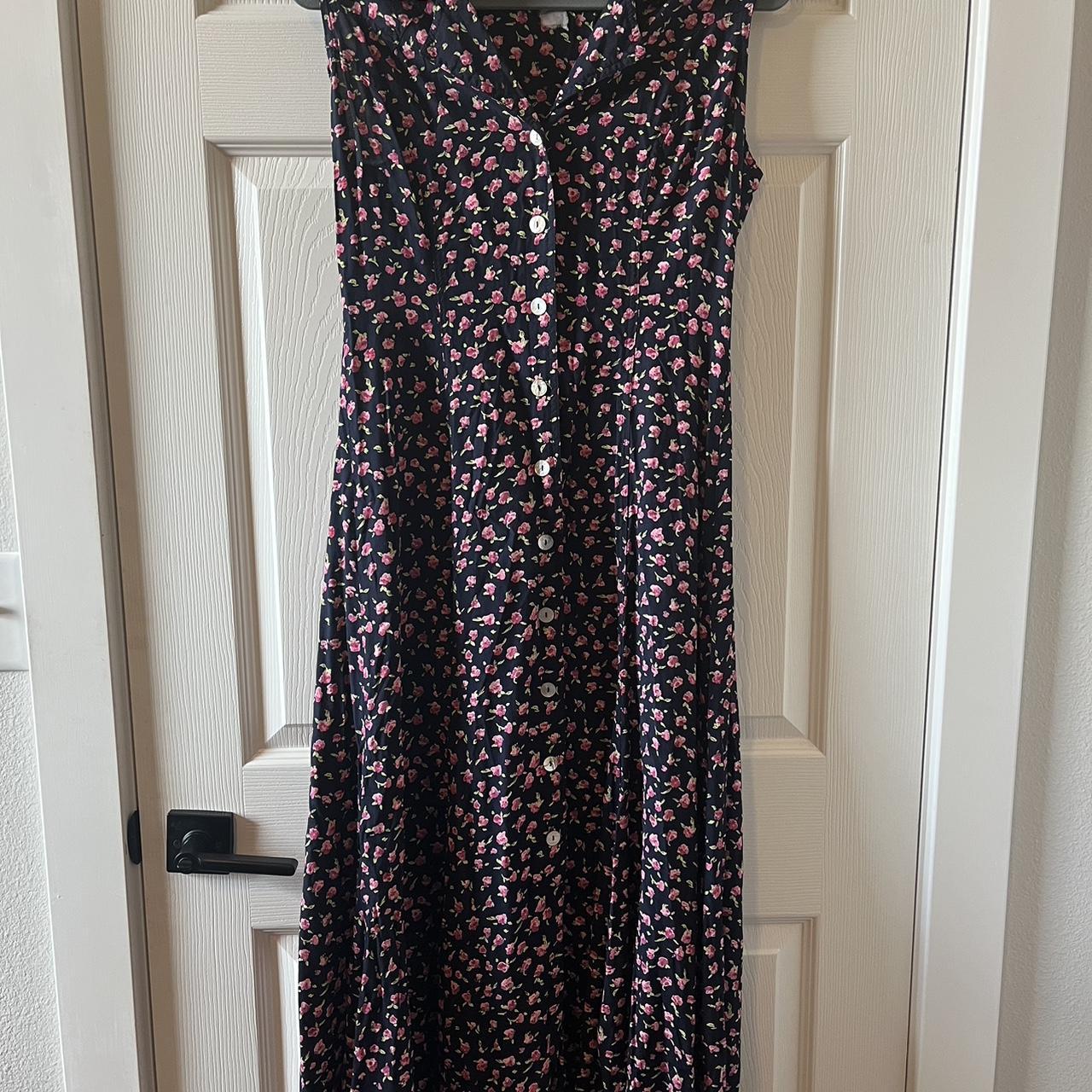 Navy/Pink Floral Button Down Midi Dress This dress... - Depop