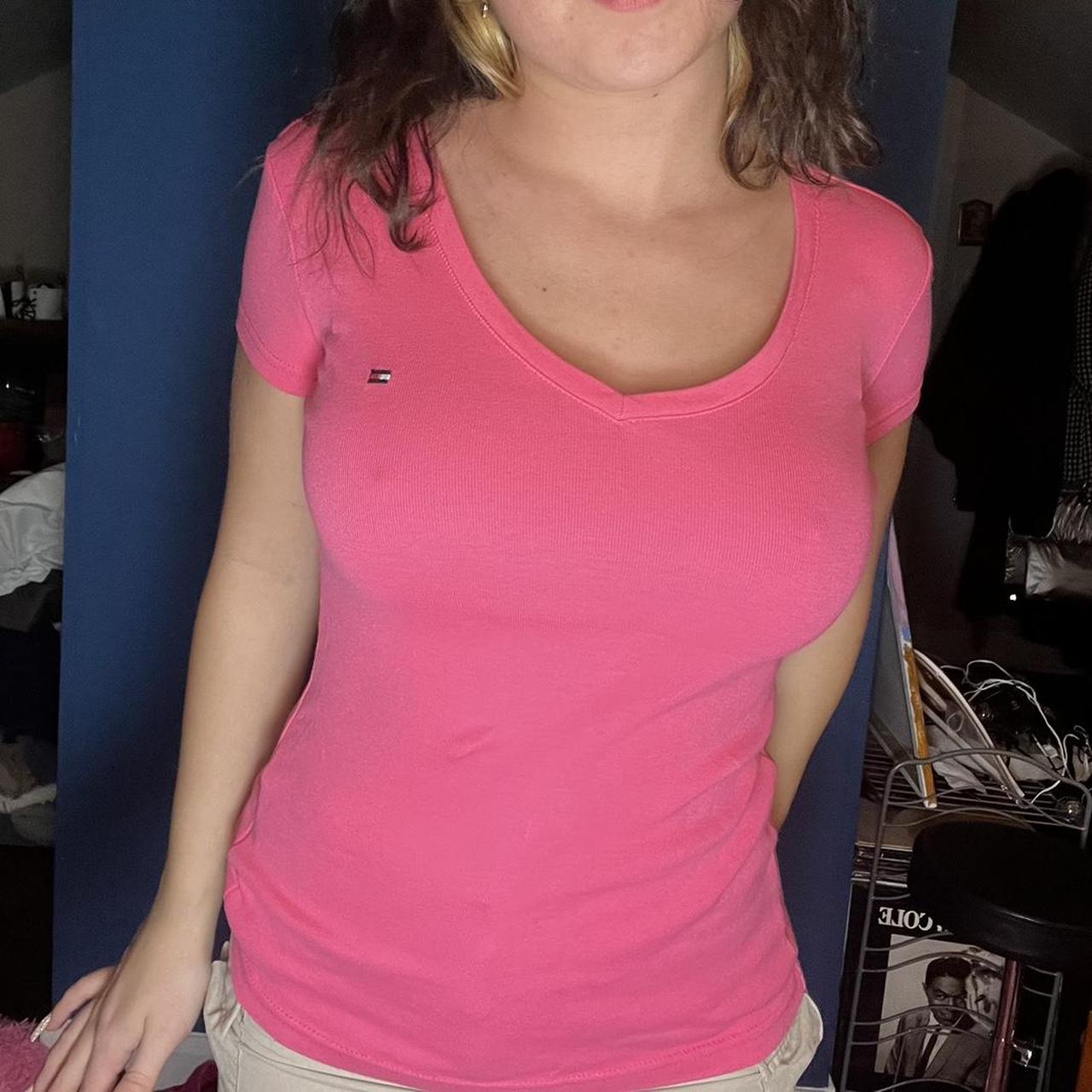 pink v neck top brand is Tommy Hilfiger size xs... - Depop