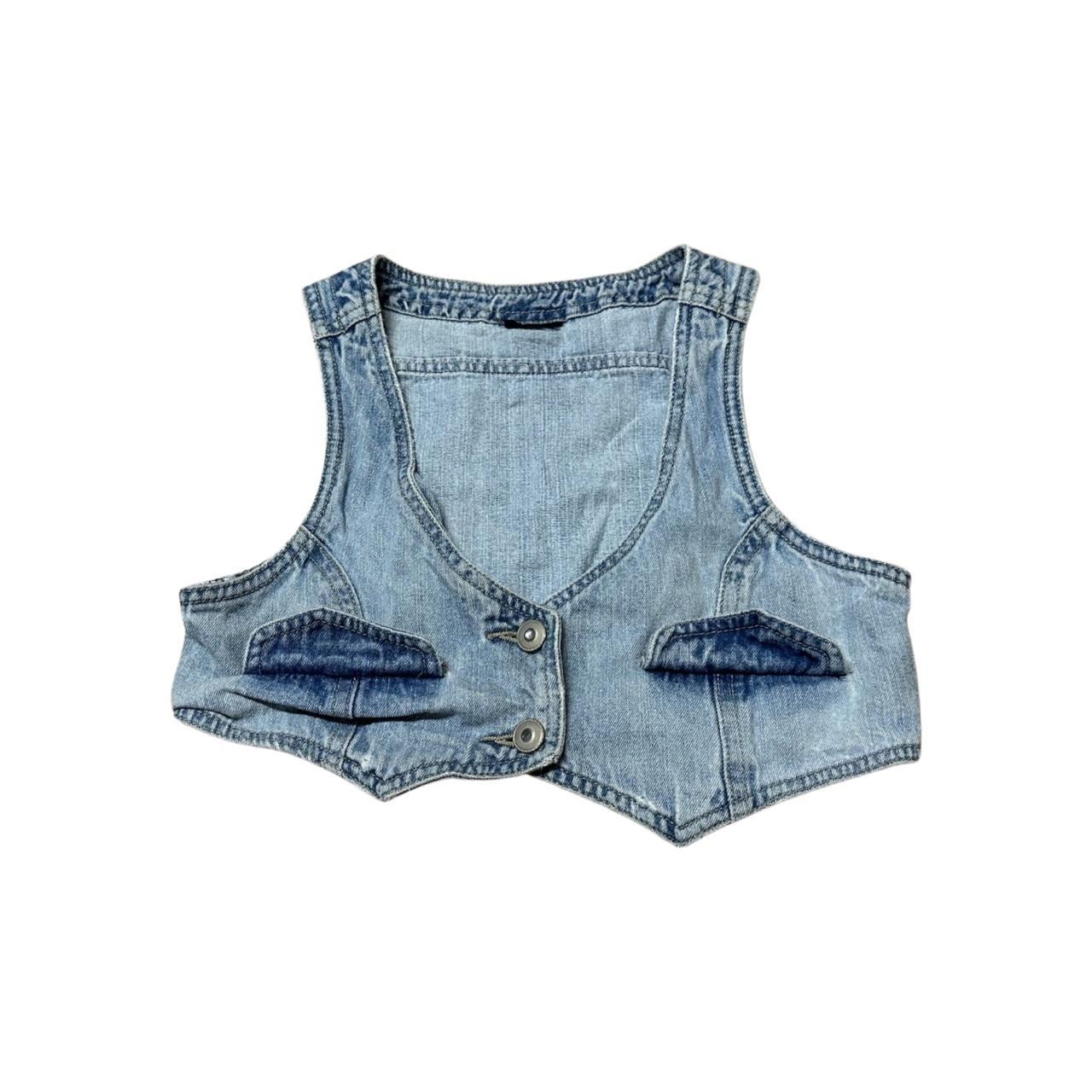 light blue denim mini vest cute for layering size... - Depop
