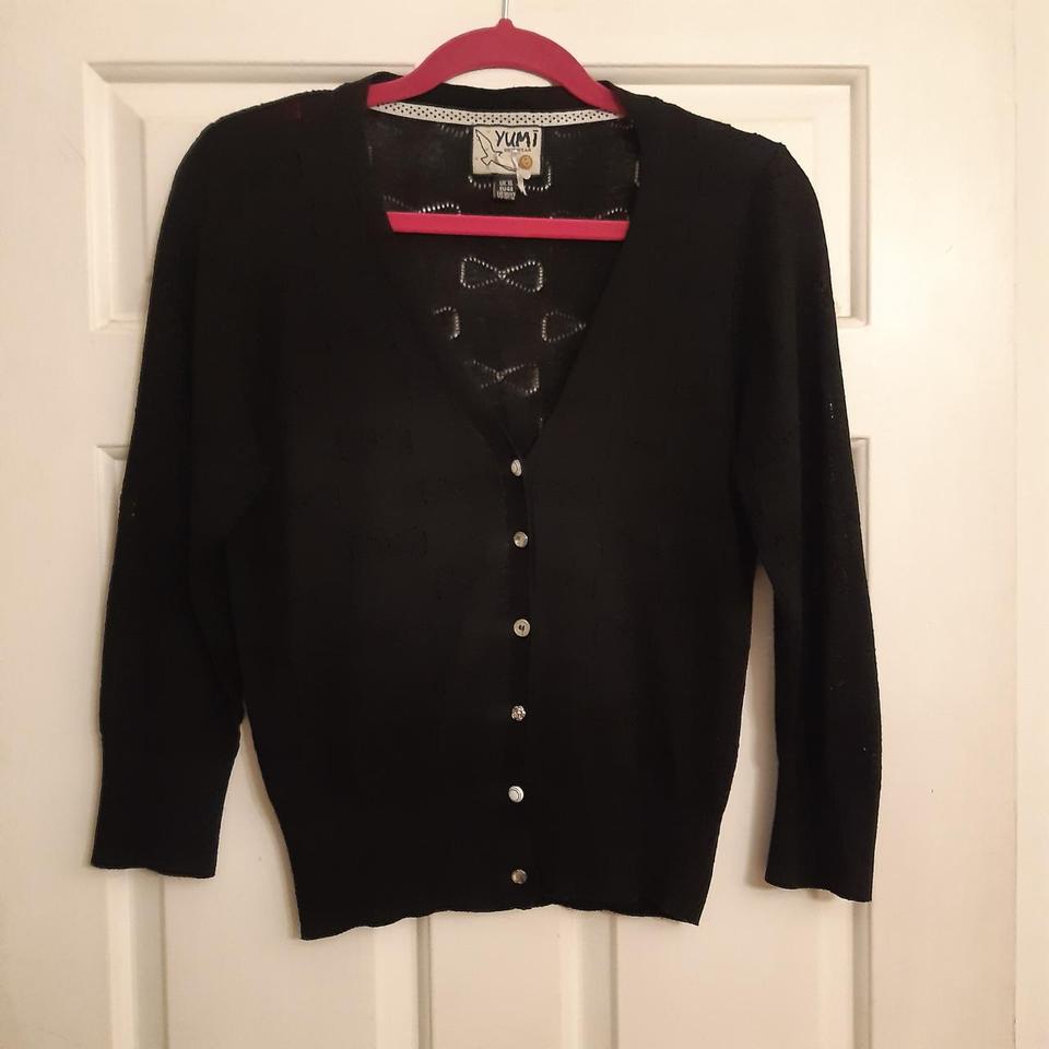 SA Clara Oswald Yumi Black Pointelle Bow Cardigan - Depop